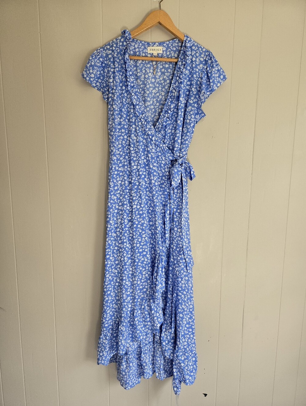 Aspiga Blue Wrap Dress Ditsy Floral XL Romantic Cottagecore Shower Feminine